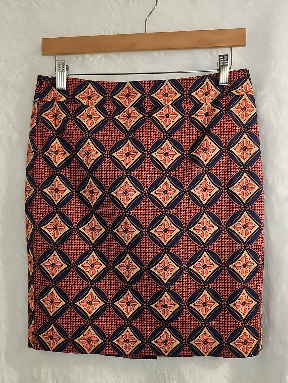 Ann Taylor Navy and Peach Geometric Pencil Skirt